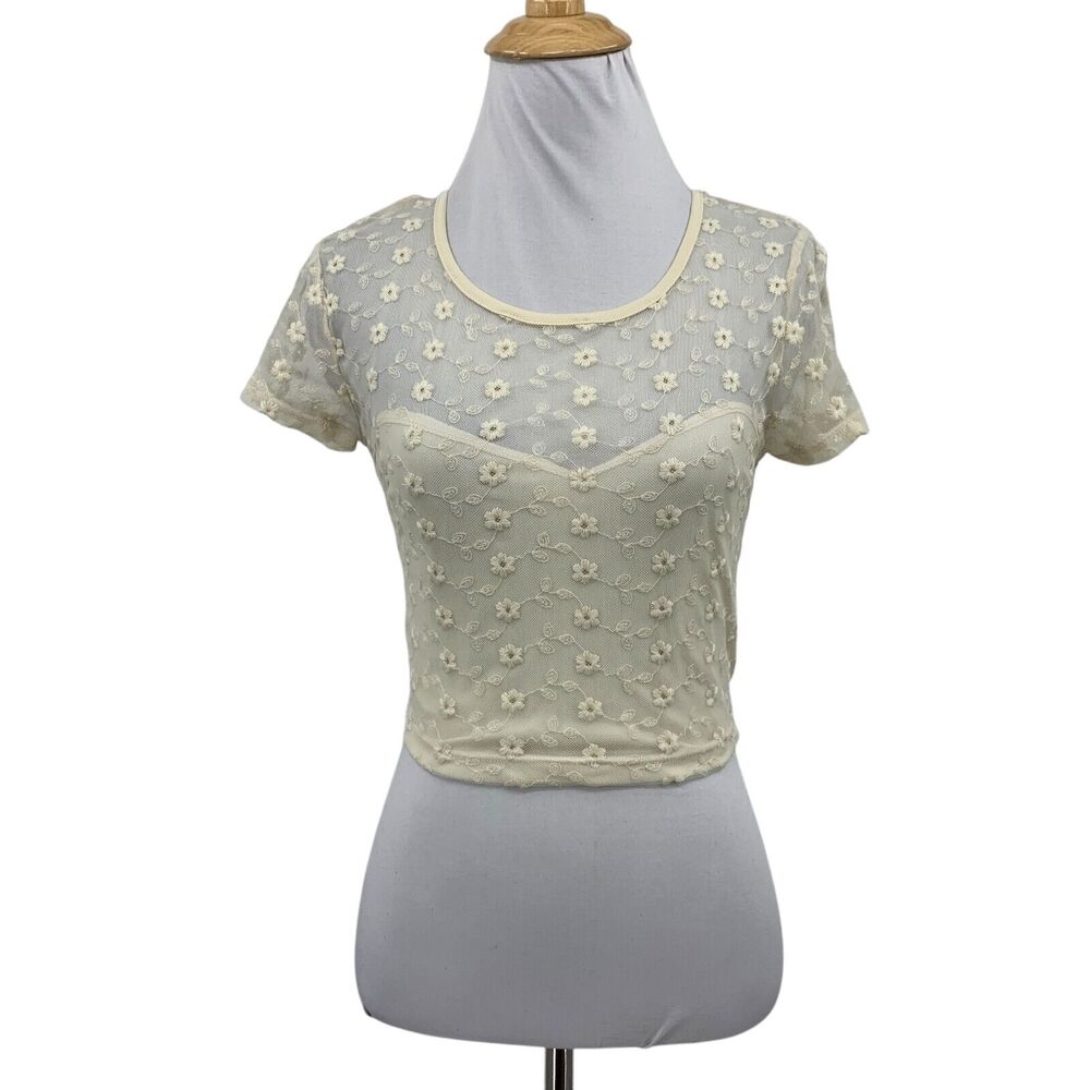 Pins & Needles Top Womens M Medium Cream Mesh Embroidered Floral Lace Cropped